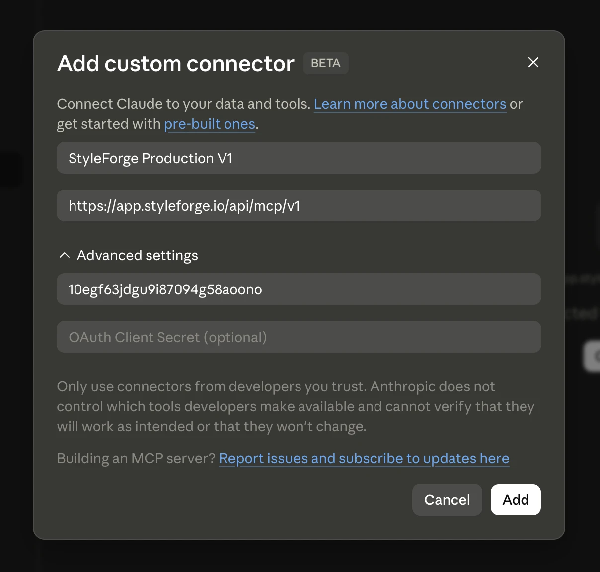 Paste the server URL and Client ID