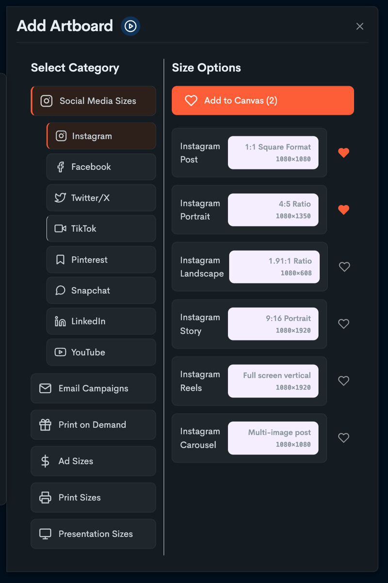 The Add Artboard dialog — Select Category, the platforms, Size Options with hearts, Add to Canvas — a real capture