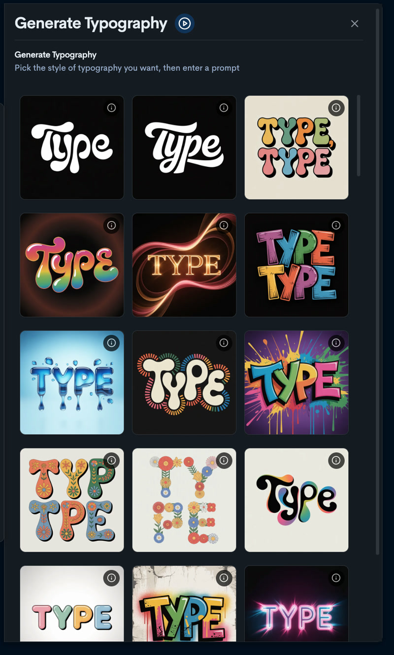 The Generate Typography panel — pick the style of typography you want, then enter a prompt — a real capture