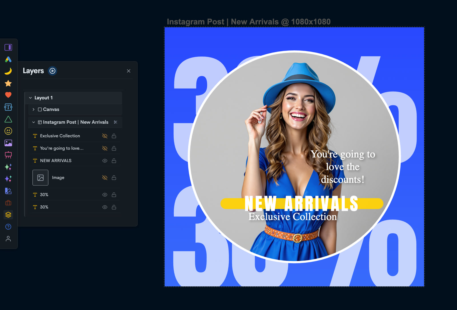 The Layers panel open beside a finished Instagram post artboard — Layout 1, Canvas, the artboard, its text and image elements with show/hide and lock — a real capture
