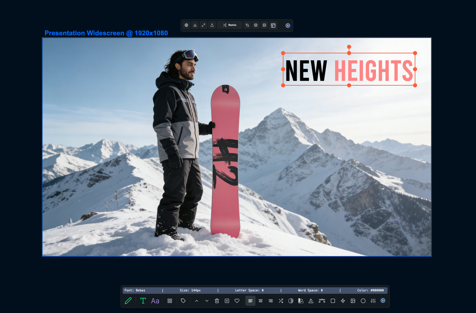 A widescreen artboard on the canvas, a text element selected, its toolbar open — font, size, spacing, colour, alignment, effects — a real capture