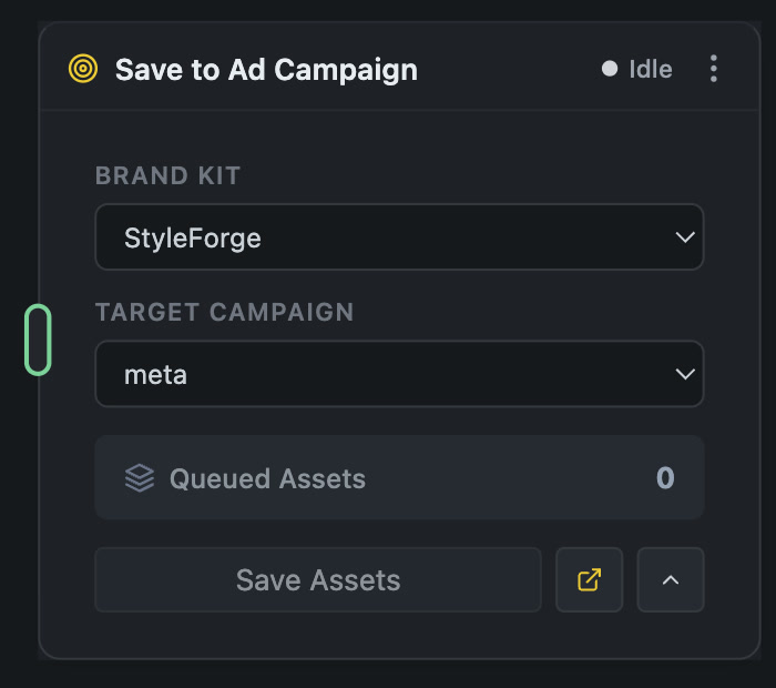 The Save to Ad Campaign node — Brand Kit, Target Campaign, Queued Assets, Save Assets — a real capture