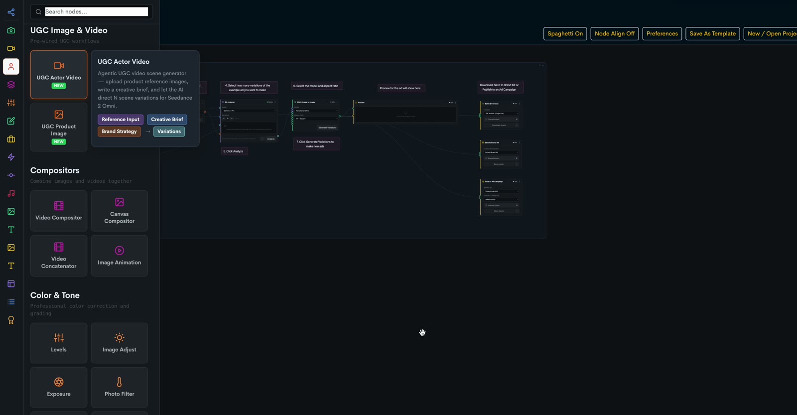 The node sidebar open on the canvas — Search nodes, category headers, node cards, a hover card — a real capture